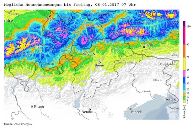 Mögliche Neuschneemengen (Quelle: Dieter Peterlin)