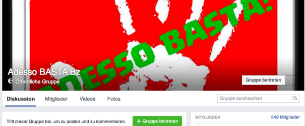 Die Facebook-Seite der Gruppe „adesso basta bz"