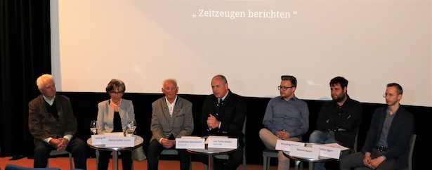 (v. l.) die Zeitzeugen Georg Stillebacher und Maria Gufler Leiner, der Präsident der Seniorenvereinigung Gottfried Oberstaller, Bauernbund-Landesobmann Leo Tiefenthaler, die Filmemacher Hansjörg Stecher und Martin Hanni sowie Projektleiter Tobias Egger